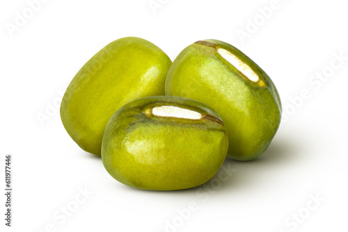Green mung beans isolated on white background. Macro  photo