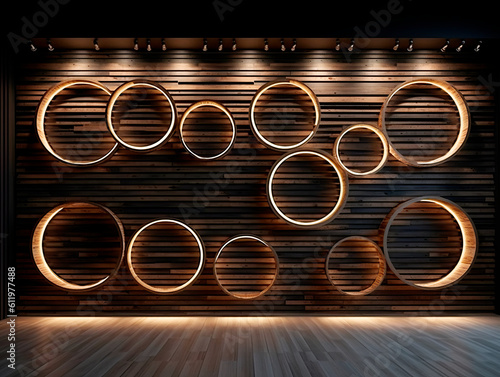 Circle wooden wall design on empty room interior background. Modern design architect space. Ai Generative Illustration. © peshkova