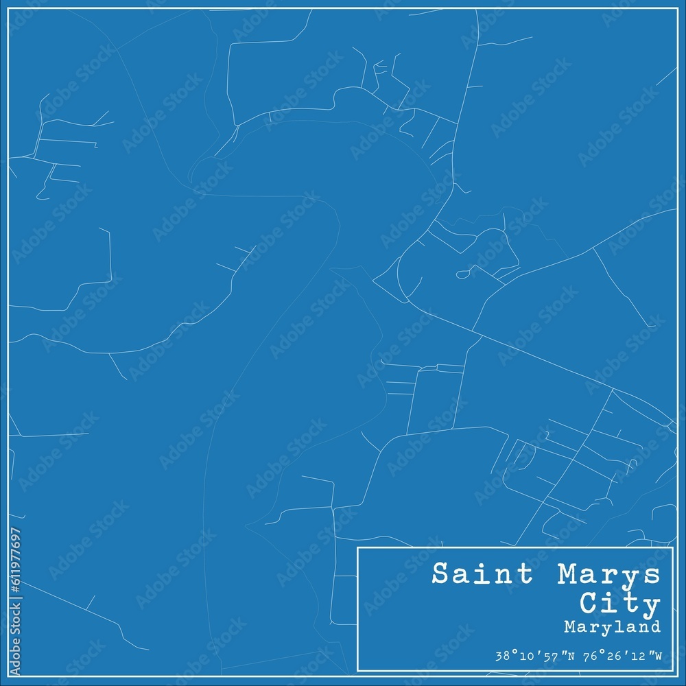 Blueprint US city map of Saint Marys City, Maryland.
