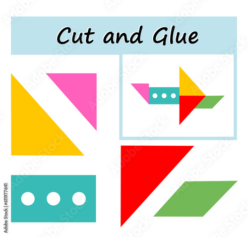 Educational paper game for kids. Cut parts of the image and glue on the paper. DIY worksheet. Cartoon airplane.