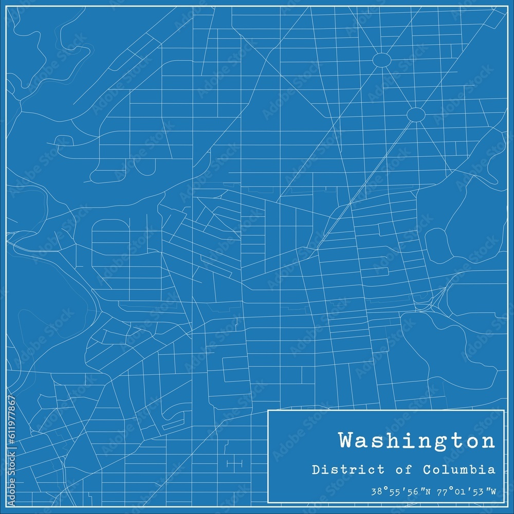 Blueprint US city map of Washington, District of Columbia.