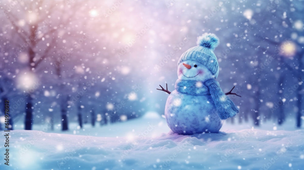 Obraz premium Snowman in the snow in the style of bokeh panorama 