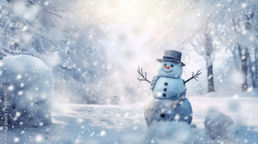 Snowman in the snow in the style of bokeh panorama 