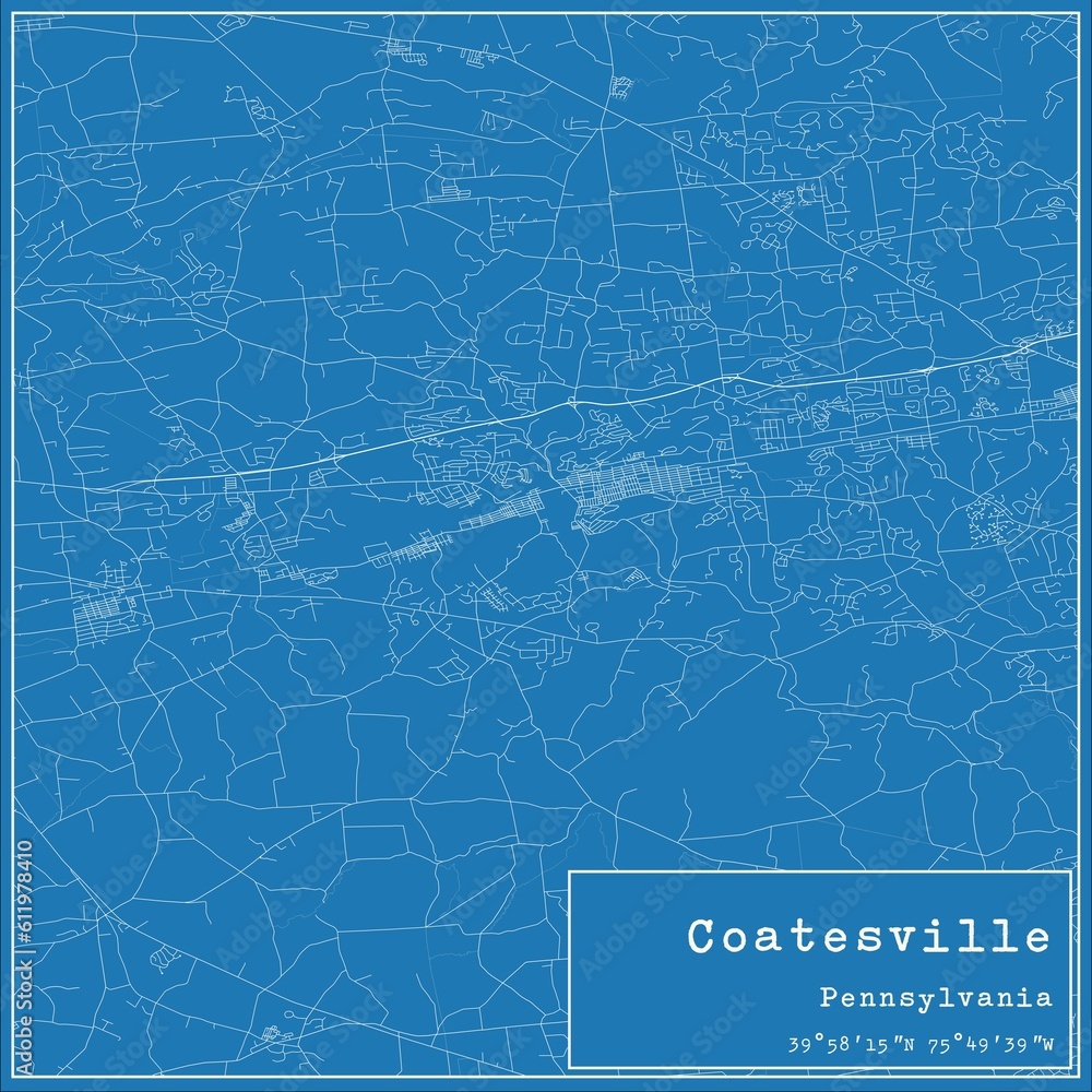 Blueprint US city map of Coatesville, Pennsylvania.