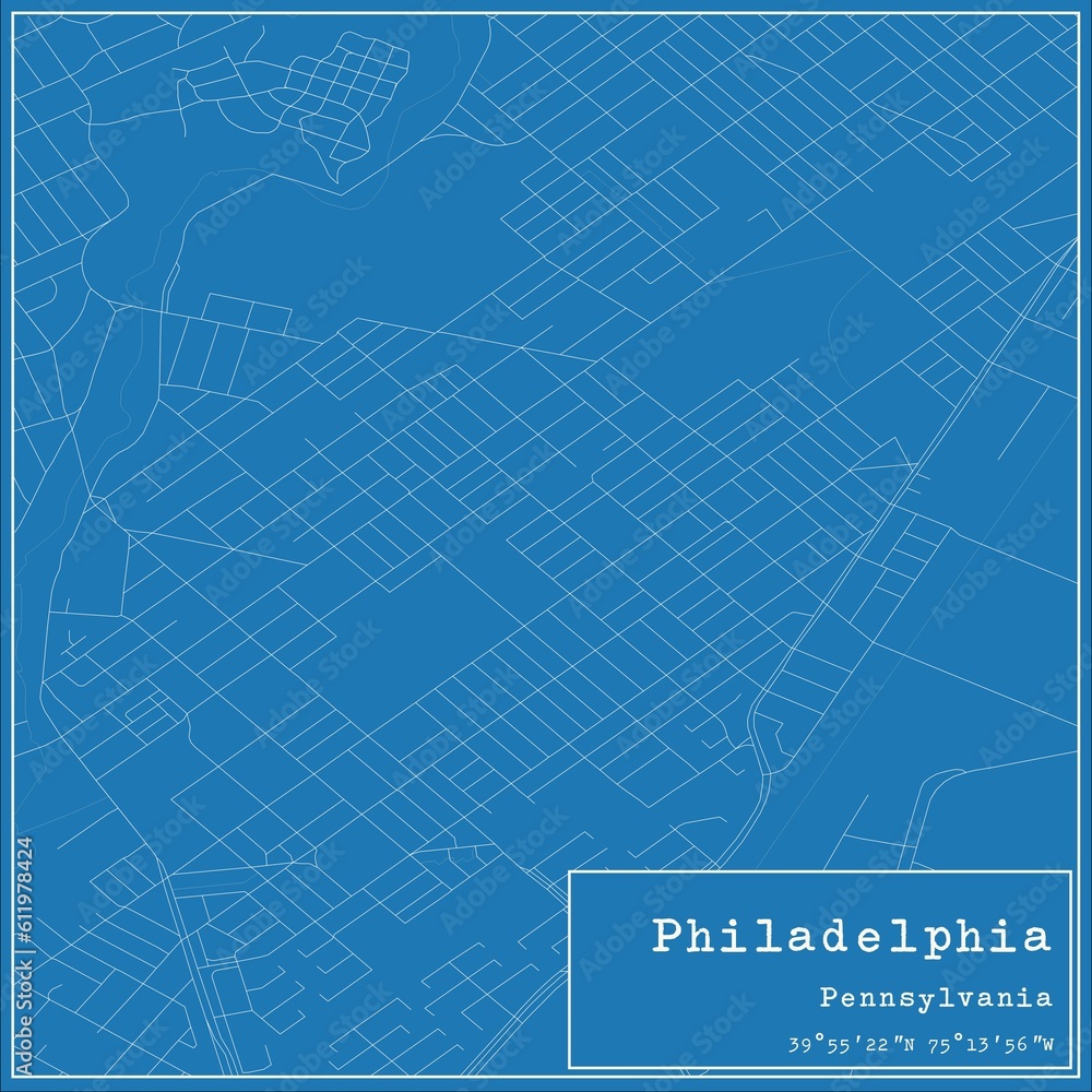 Blueprint US city map of Philadelphia, Pennsylvania.