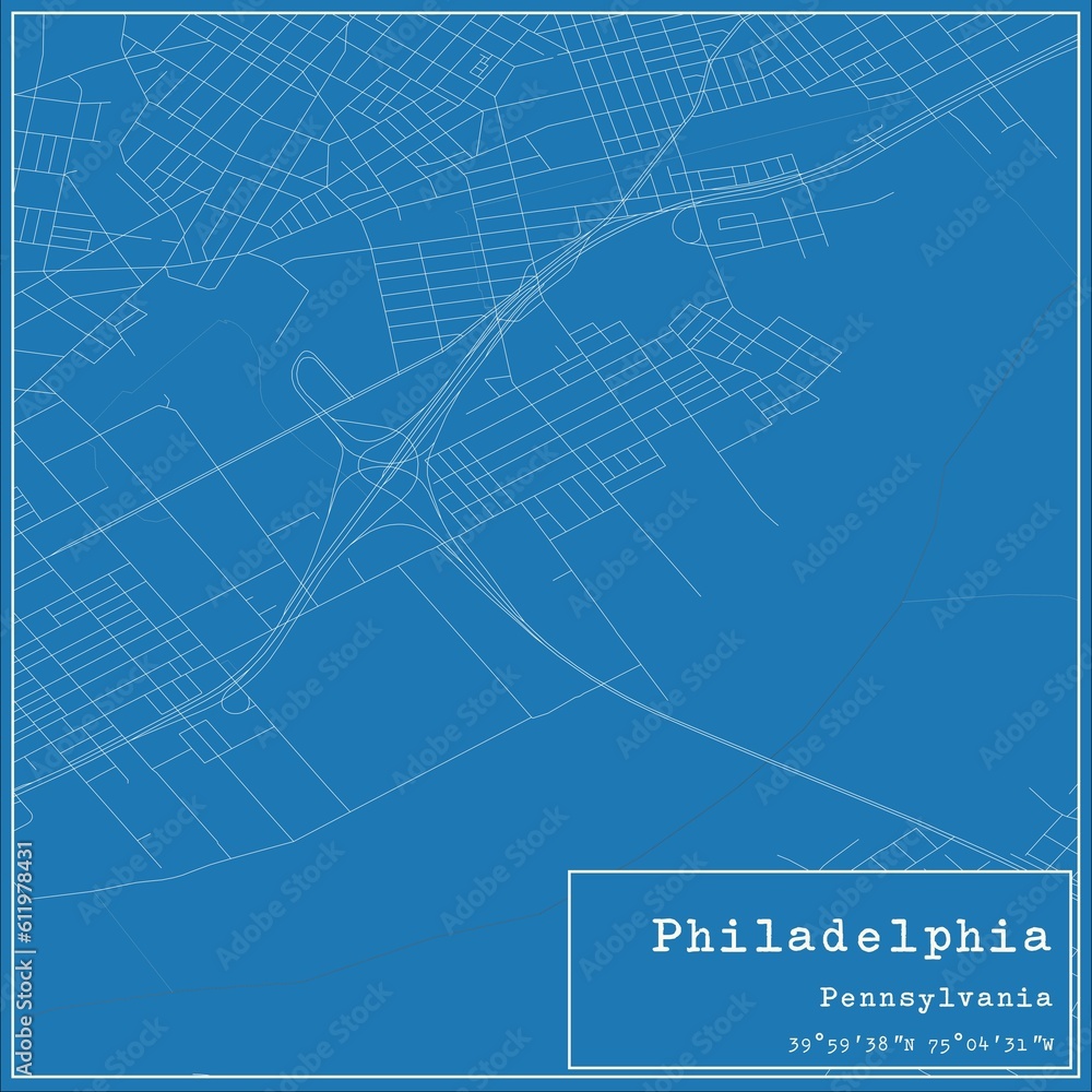 Blueprint US city map of Philadelphia, Pennsylvania.