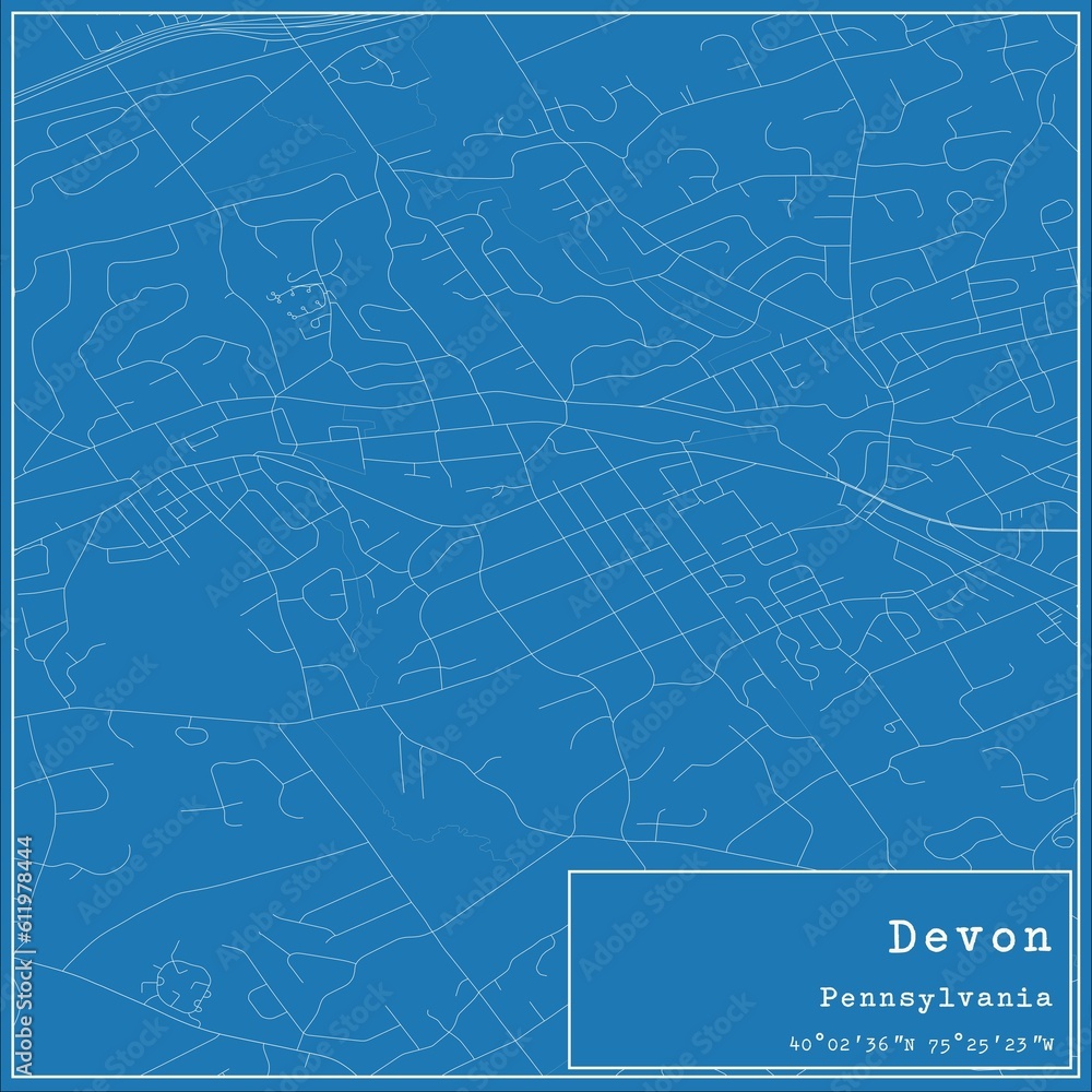 Blueprint US city map of Devon, Pennsylvania.