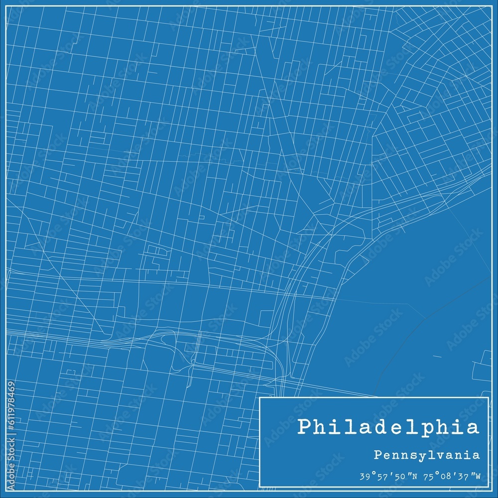 Blueprint US city map of Philadelphia, Pennsylvania.