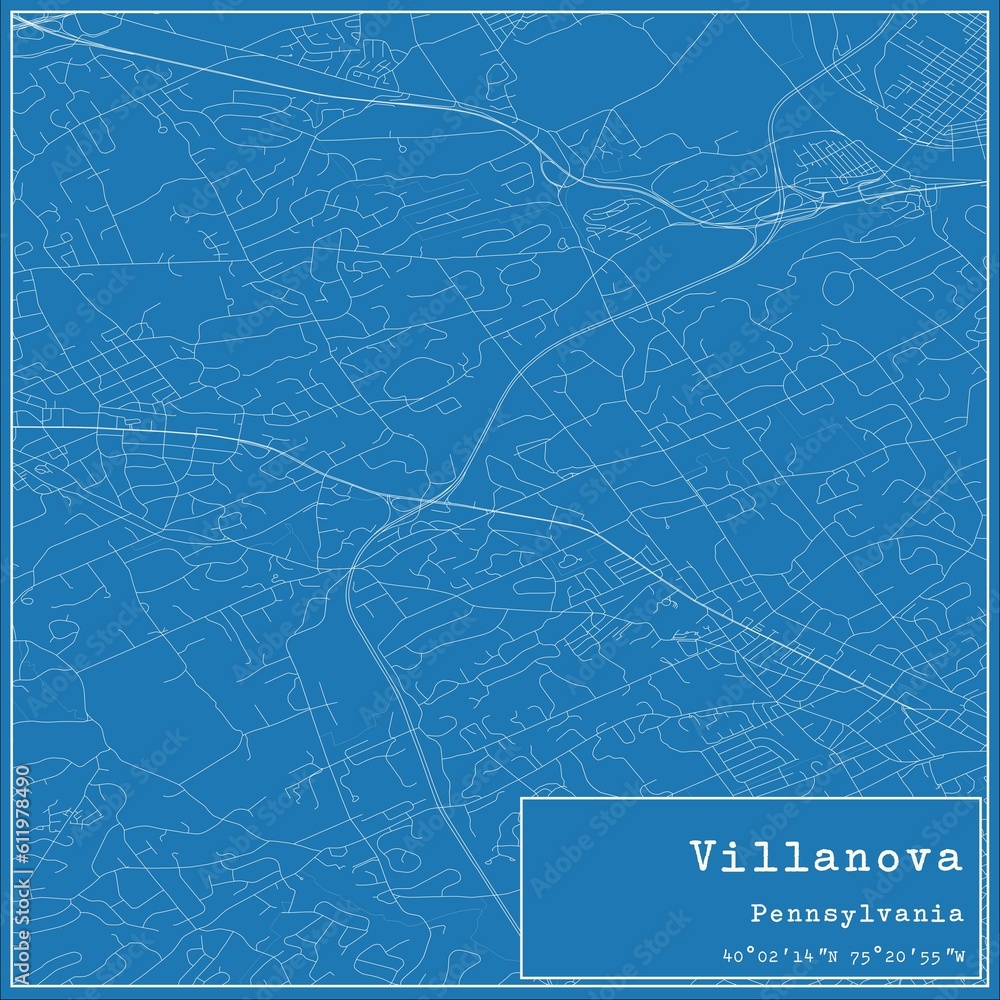 Blueprint US city map of Villanova, Pennsylvania.