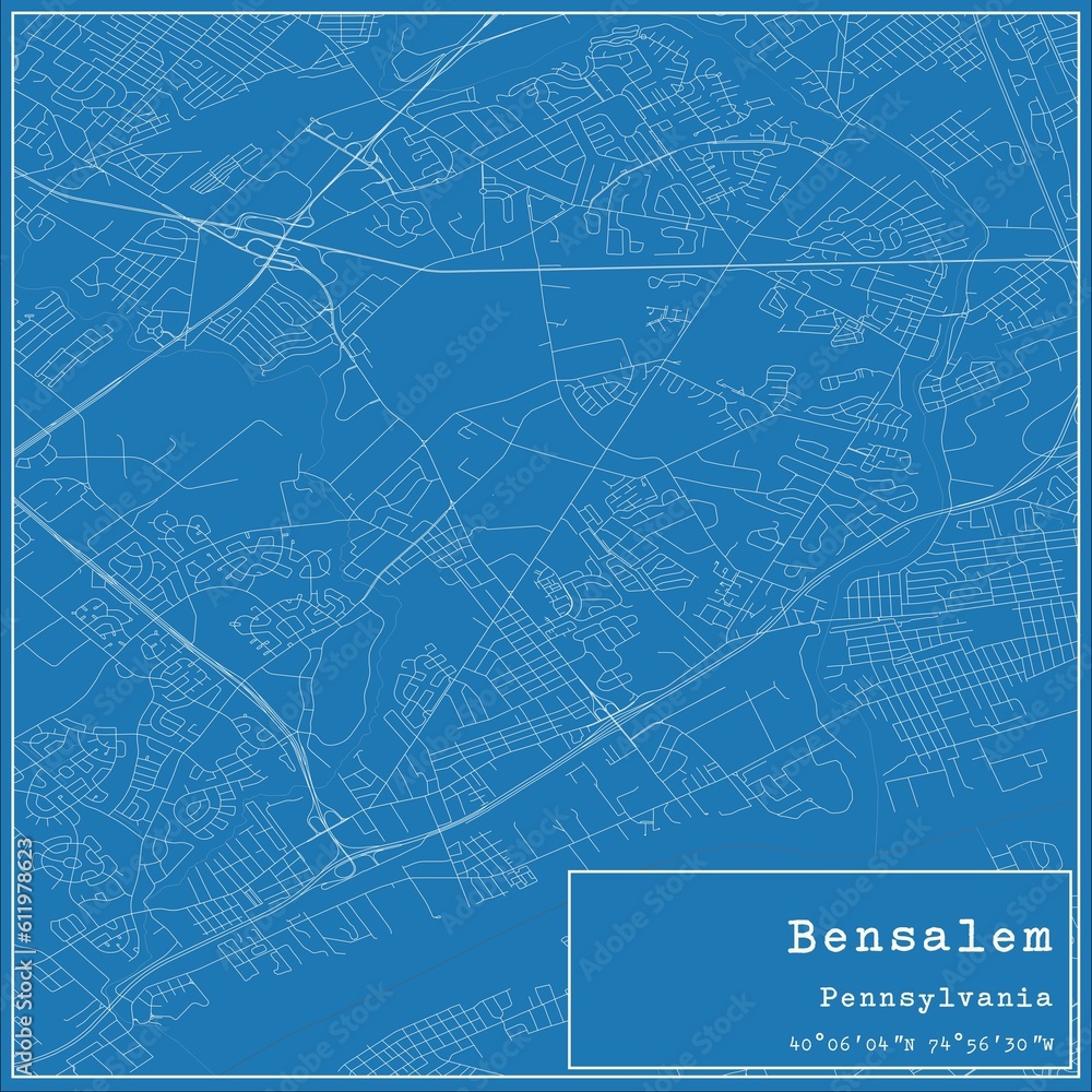 Blueprint US city map of Bensalem, Pennsylvania.