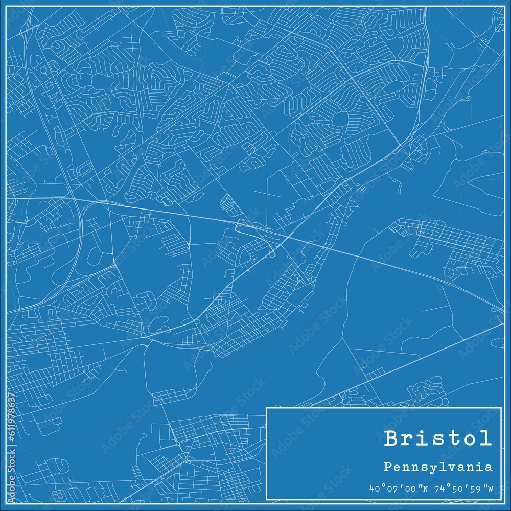 Blueprint US city map of Bristol, Pennsylvania.