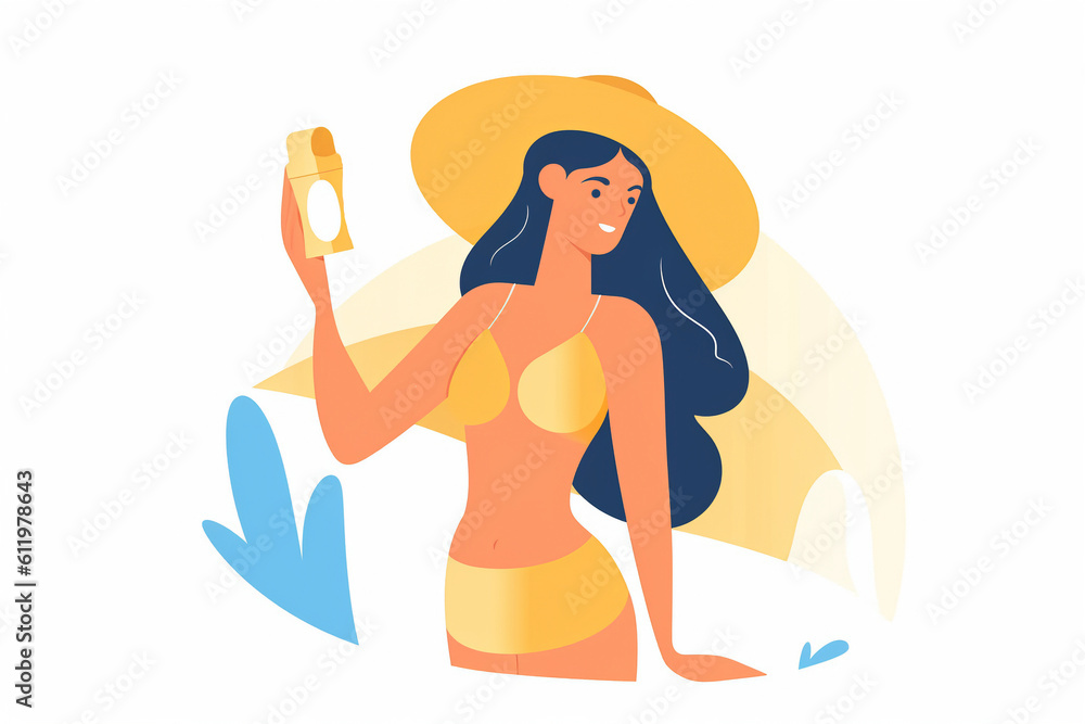 Generative AI.Suntan lotion. Woman applying sunscreen solar cream on face. Beautiful happy cute girl puts suntan cream from plastic container bottle , skin care, spf, uf