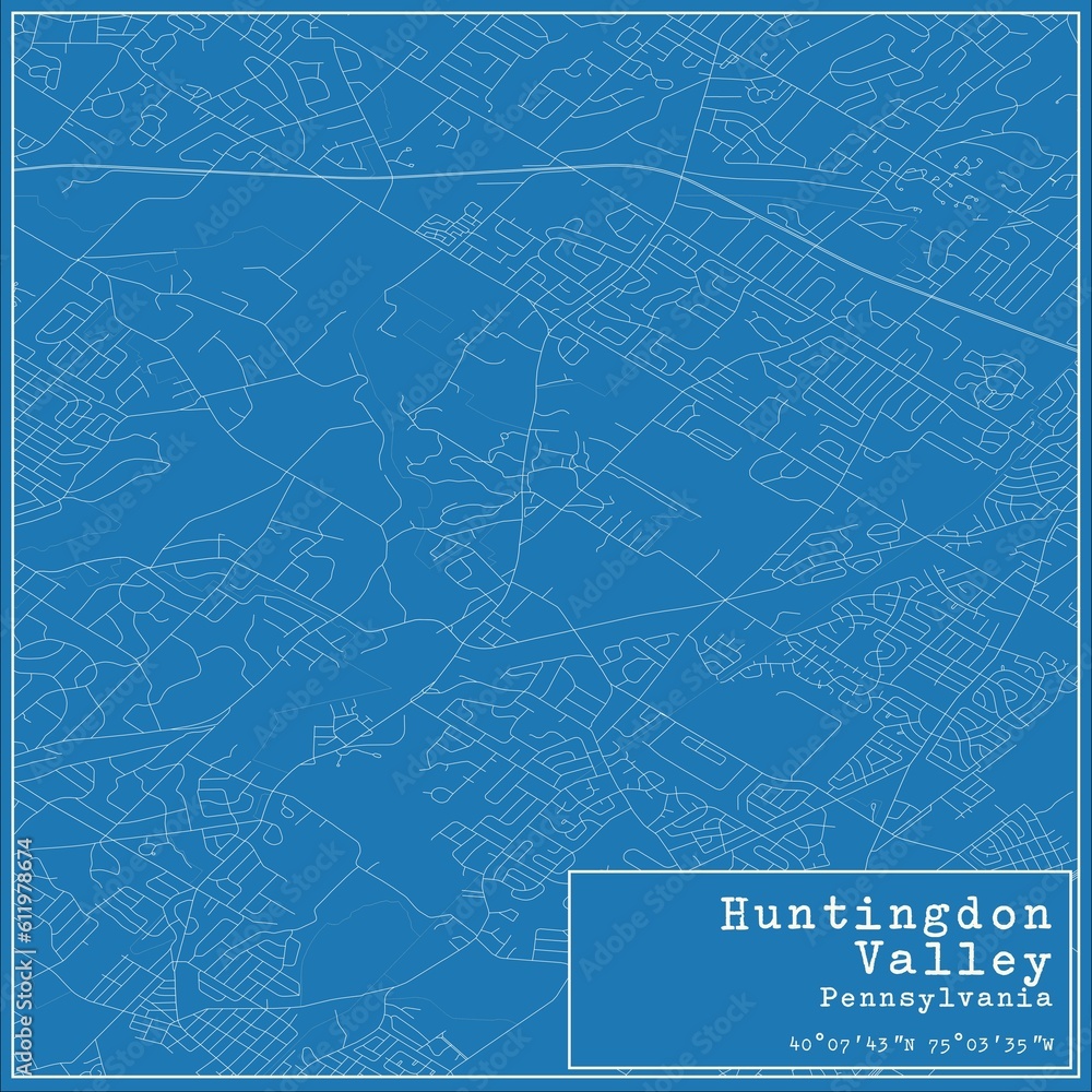 Blueprint US city map of Huntingdon Valley, Pennsylvania.