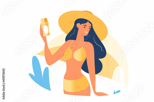 Generative AI.Suntan lotion. Woman applying sunscreen solar cream on face. Beautiful happy cute girl puts suntan cream from plastic container bottle   skin care  spf  uf
