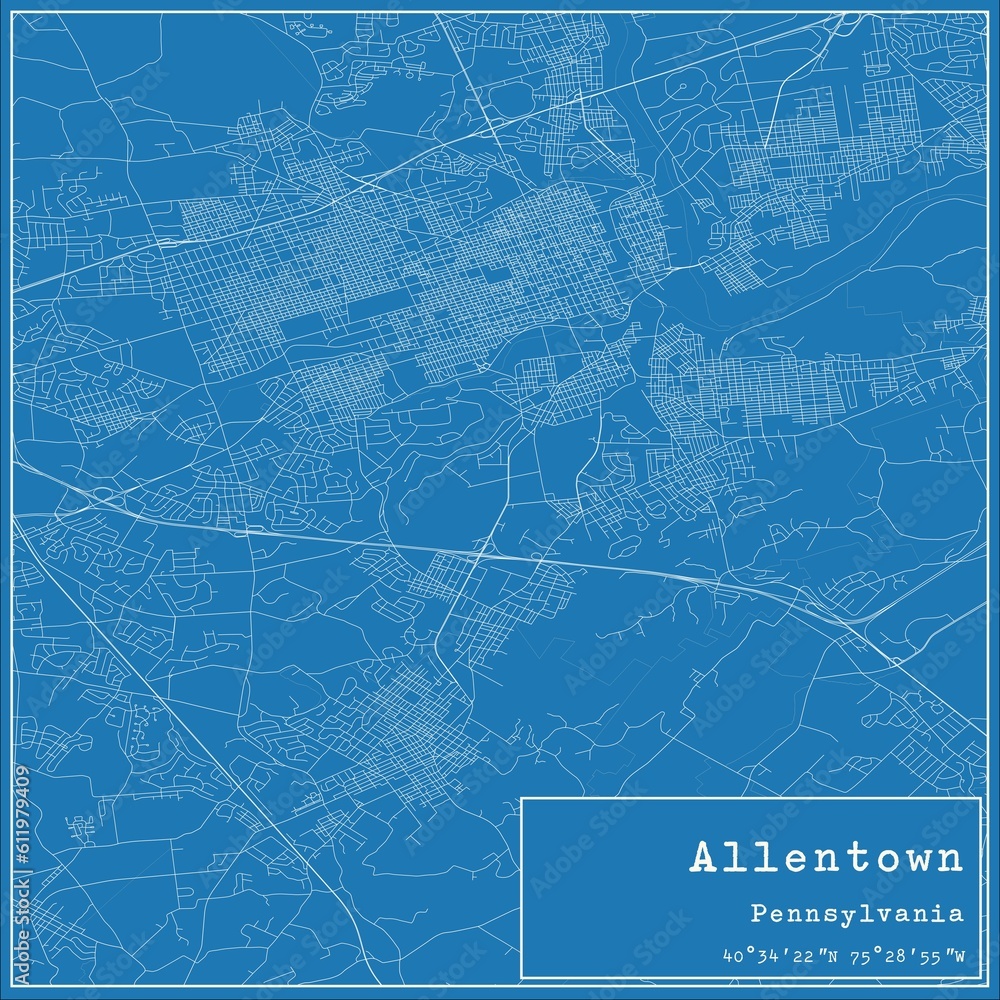 Blueprint US city map of Allentown, Pennsylvania.