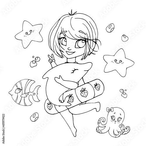 vector coloring page with cute cartoon girl. avatar, line art	
