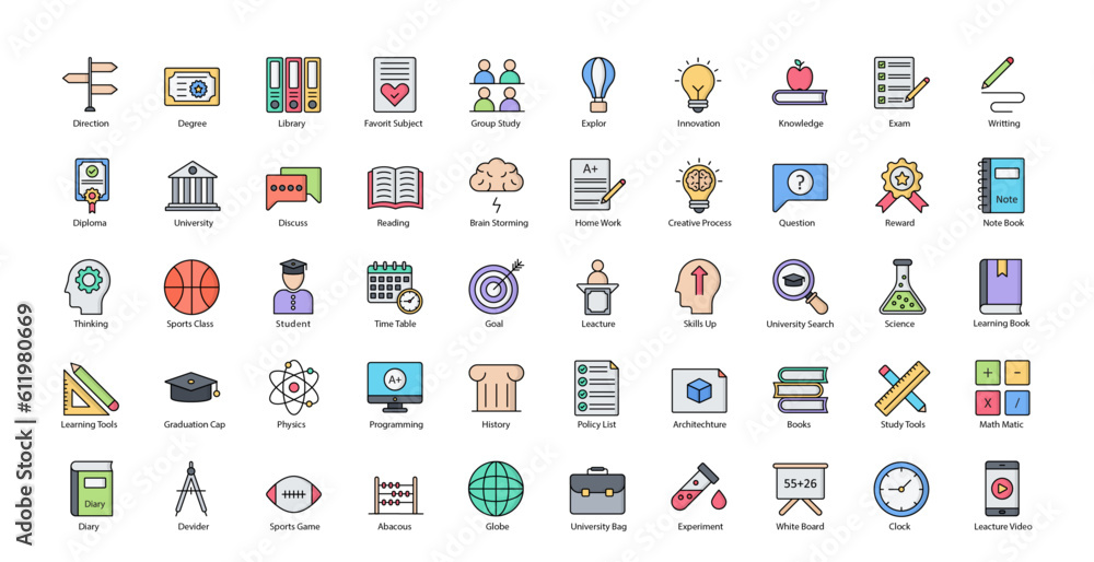 University Line Color Icons Student Education Icon Set in Filled Outline Style 50 Vector Icons University Line Color Icons Student Education Icon Set in Filled Outline Style 50 Vector Icons