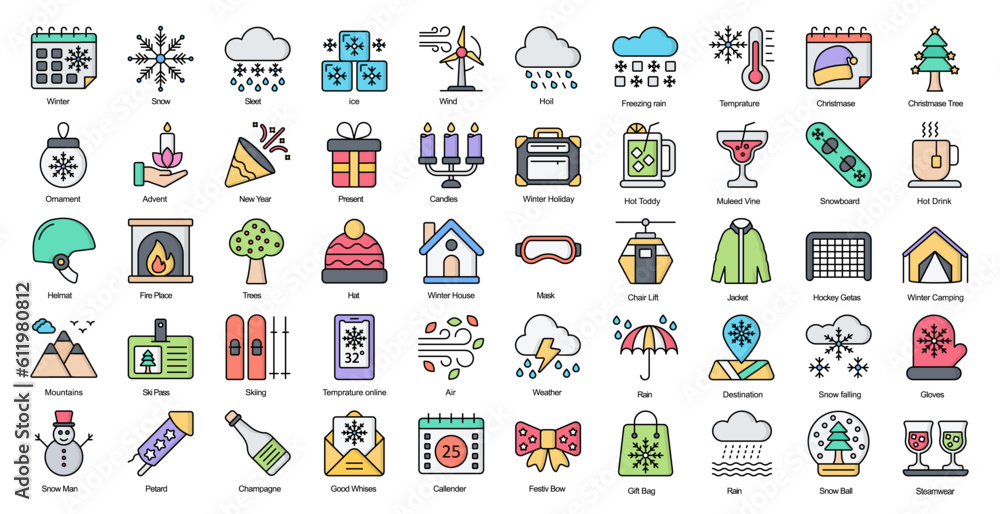 Fototapeta premium Winter Line Color Icons Rain Christmas Snow Weather Filled Outline Icon Bundle 50 Vector Icons