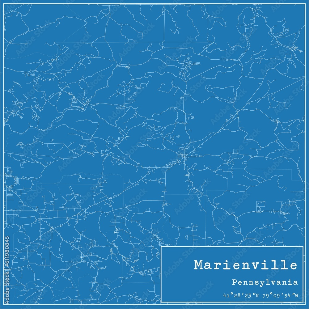 Blueprint US city map of Marienville, Pennsylvania.