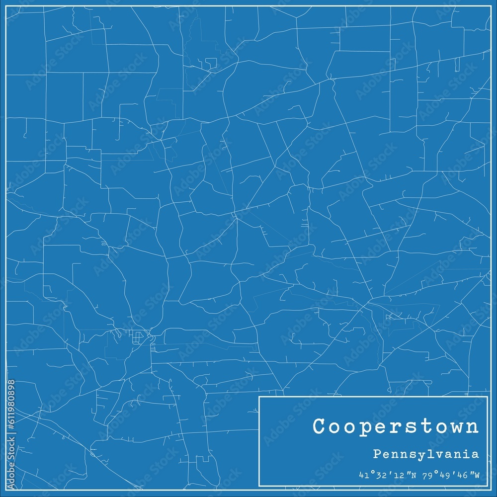 Blueprint US city map of Cooperstown, Pennsylvania.