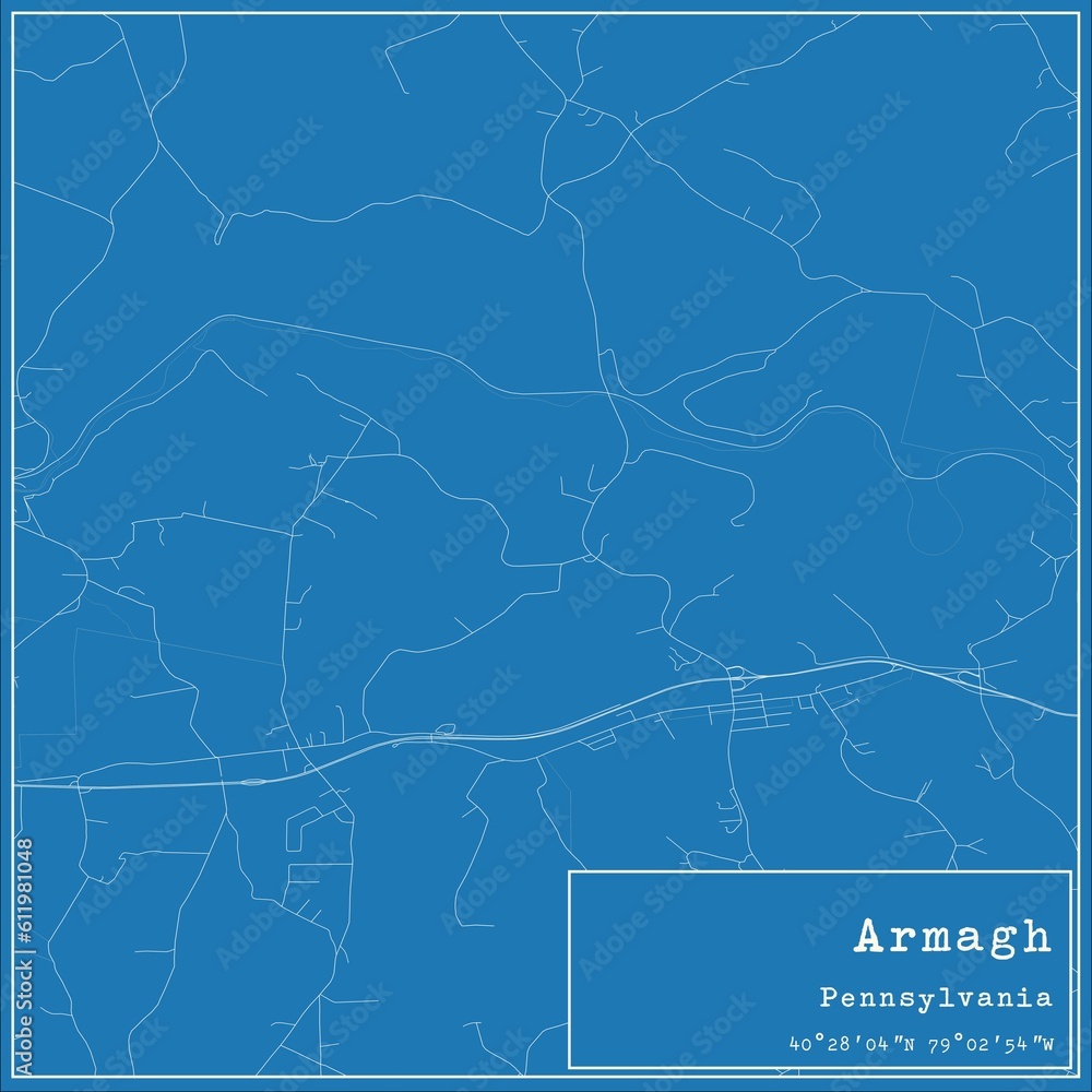 Blueprint US city map of Armagh, Pennsylvania.
