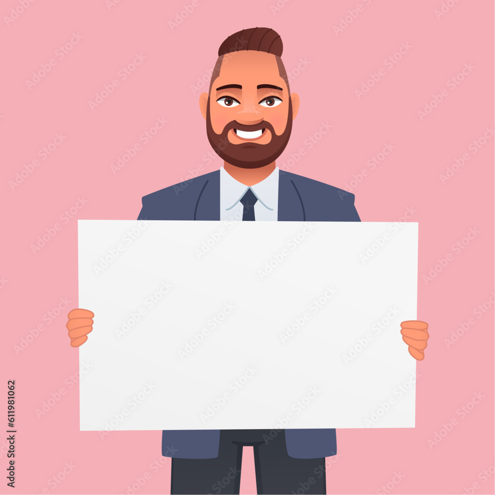 Happy businessman holds an empty poster. A white poster for advertising. Vector illustration Happy businessman holds an empty poster. A white poster for advertising. Vector illustration