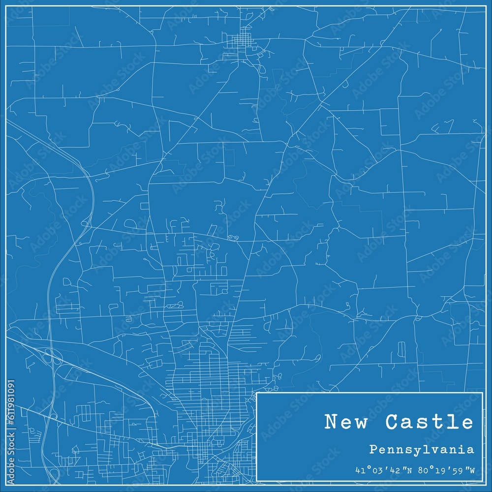 Blueprint US city map of New Castle, Pennsylvania.