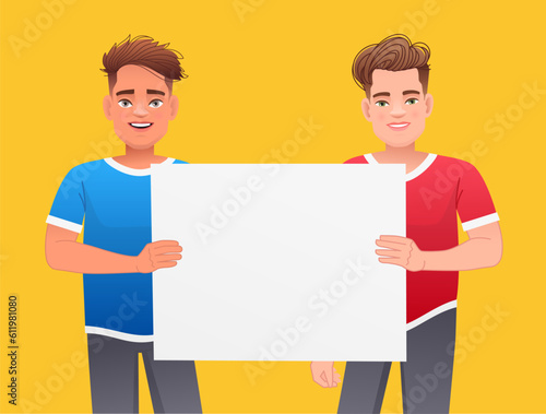 Two funny guys are holding an empty poster. A white poster for advertising. Vector illustration