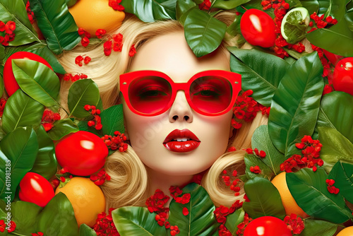 Summer poster with tropical leaves and fruits. Fashion woman wearing trendy red sunglasses. Generative AI