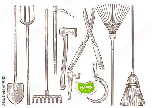 Vector set of Gardening tools. Collection of hand drawn vector illustration, line art. 