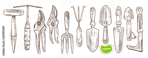 Vector set of Gardening tools. Collection of hand drawn vector illustration, line art. 