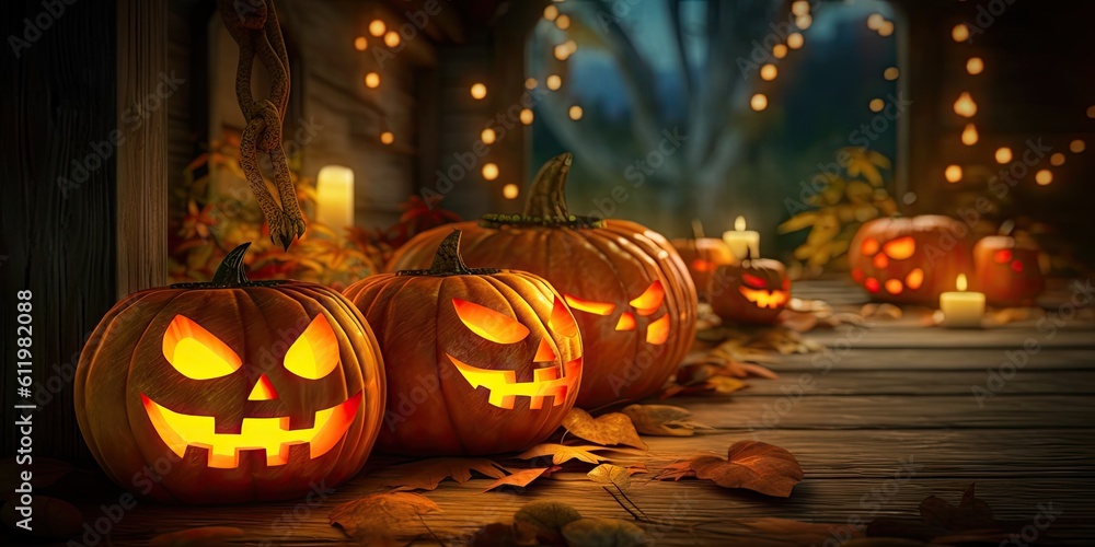 Fototapeta premium Scary pumpkin faces in the night. Spooky Halloween smiling Jack-o-Lanterns on a dark background