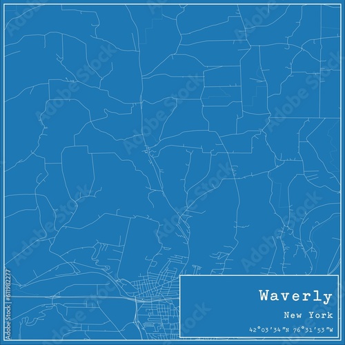 Blueprint US city map of Waverly, New York.