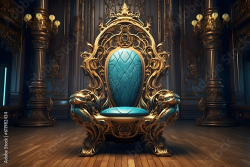 blue throne with golden elements behind it