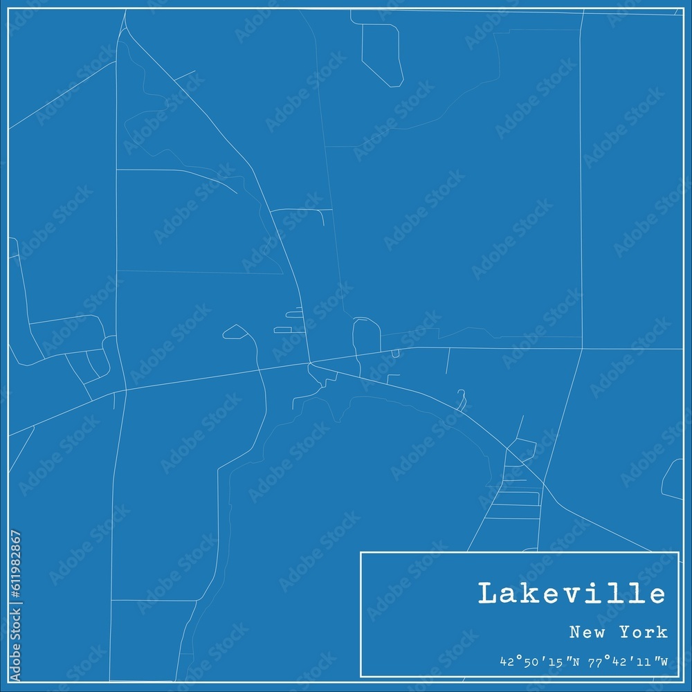 Blueprint US city map of Lakeville, New York.