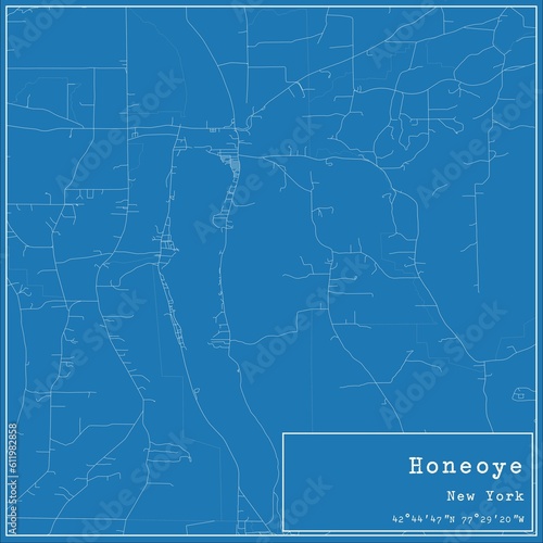 Blueprint US city map of Honeoye, New York.