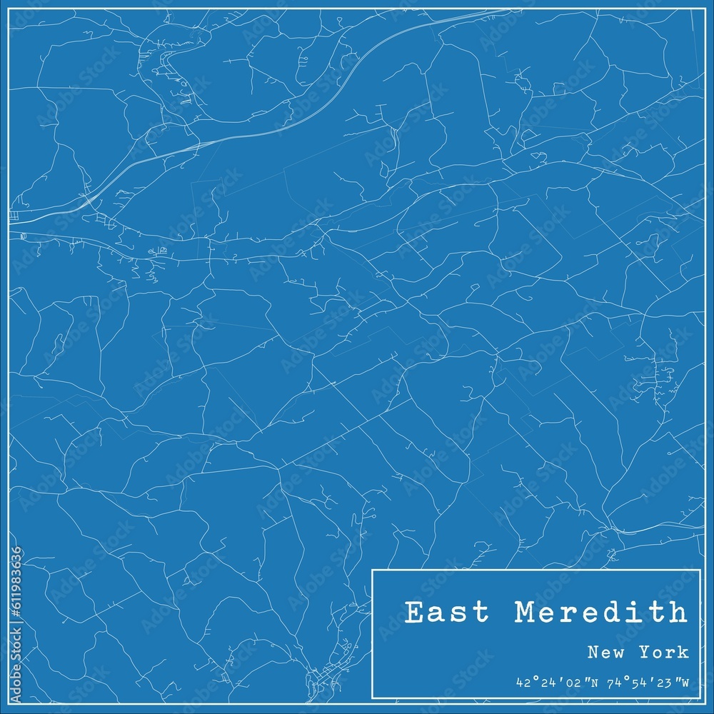 Blueprint US city map of East Meredith, New York.