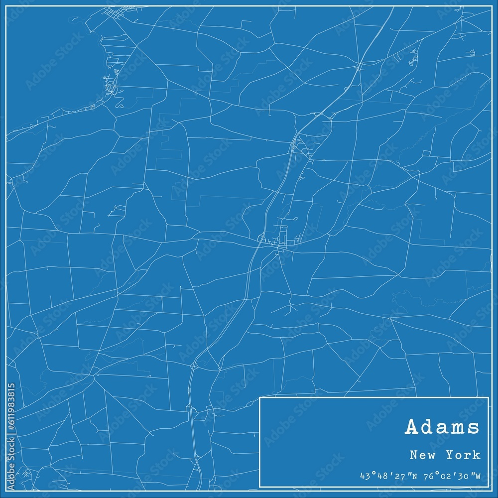 Blueprint US city map of Adams, New York.