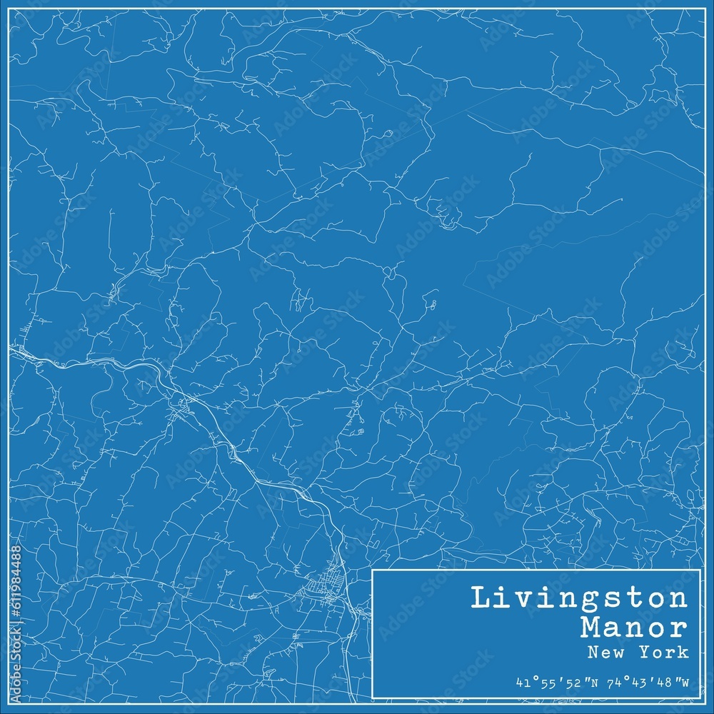 Blueprint US city map of Livingston Manor, New York.