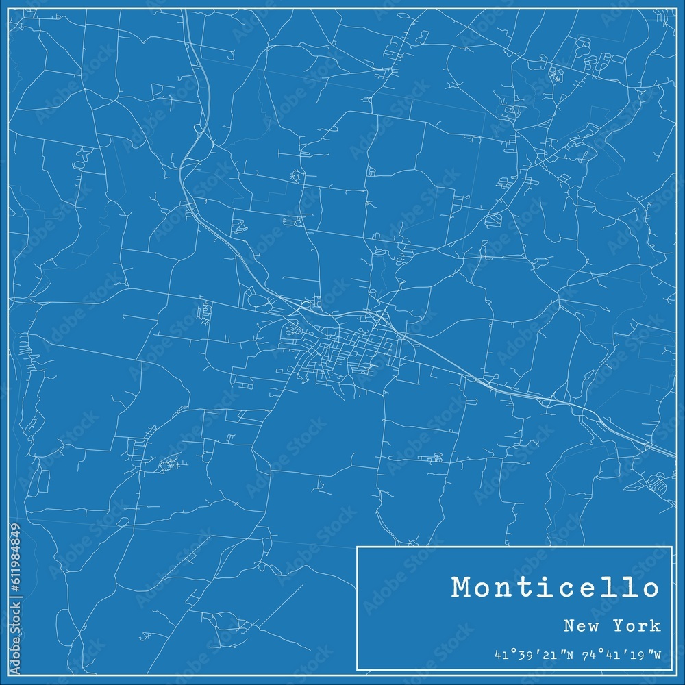 Blueprint US city map of Monticello, New York.