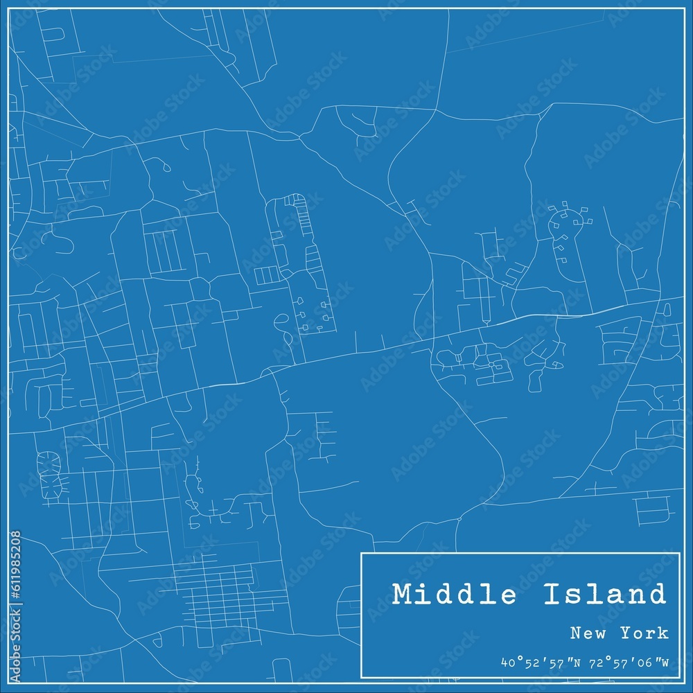 Blueprint US city map of Middle Island, New York.