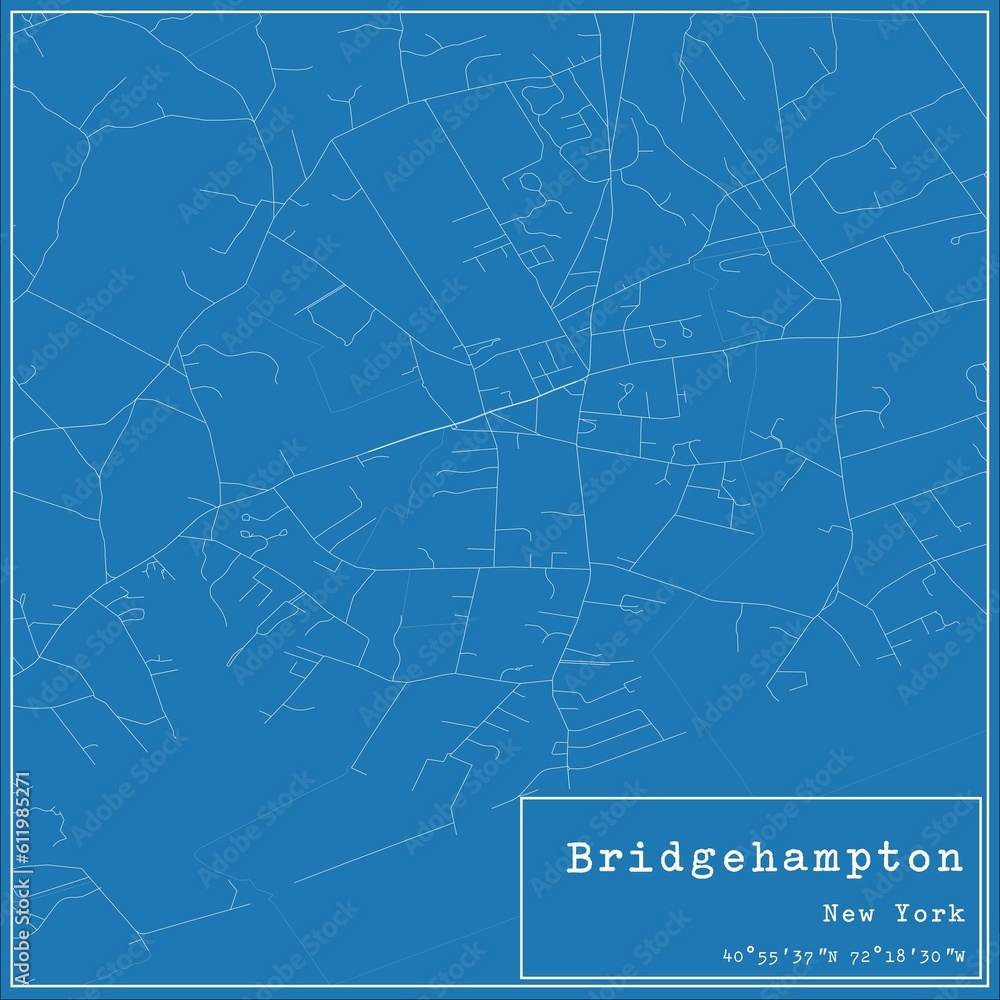 Blueprint US city map of Bridgehampton, New York.
