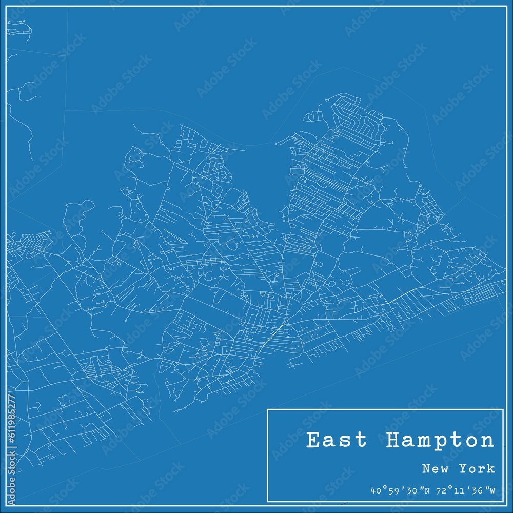 Blueprint US city map of East Hampton, New York.