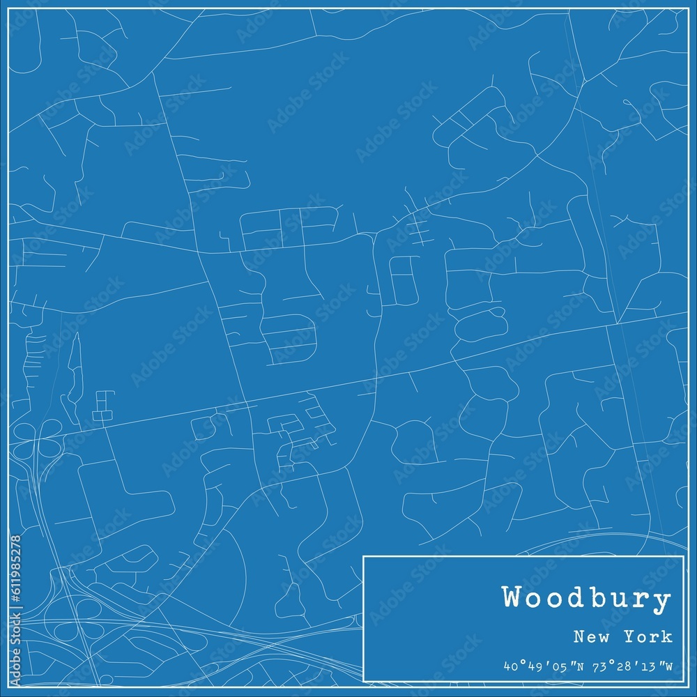Blueprint US city map of Woodbury, New York.