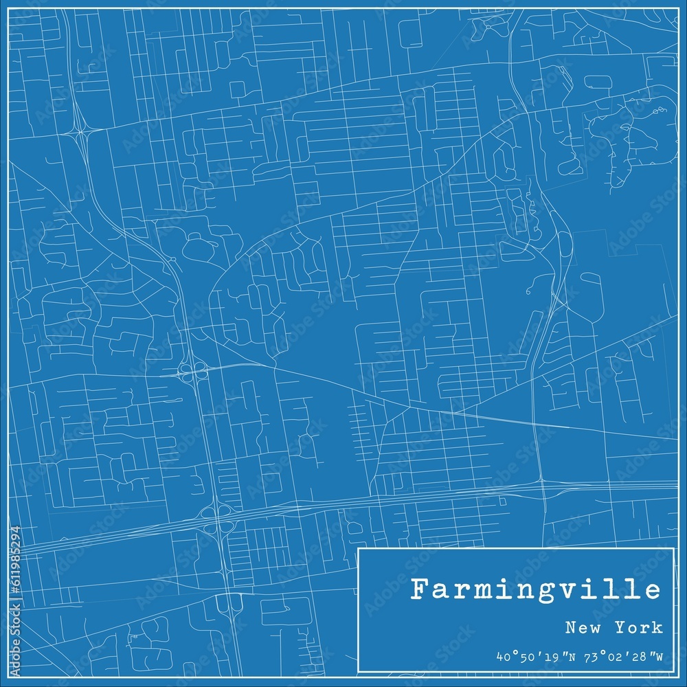Blueprint US city map of Farmingville, New York.
