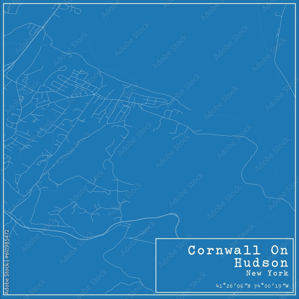 Blueprint US city map of Cornwall On Hudson, New York.