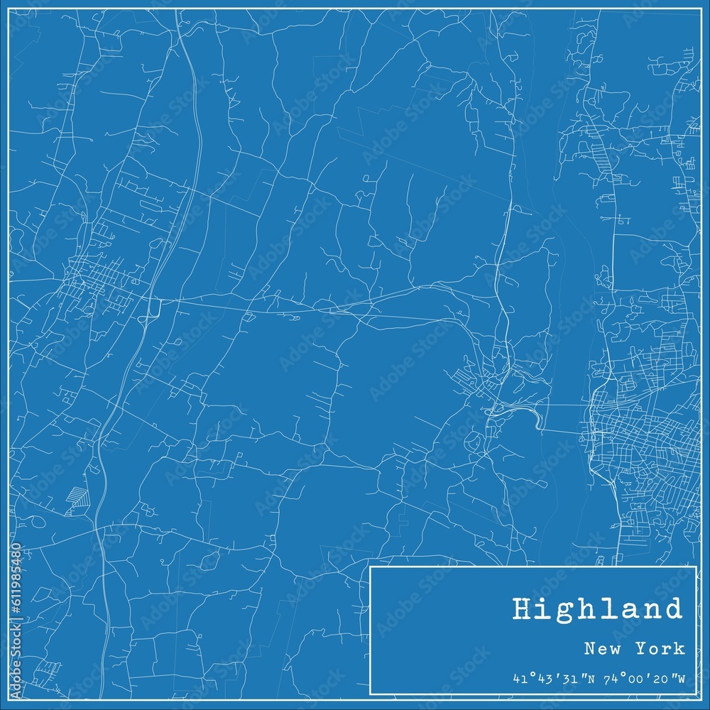 Blueprint US city map of Highland, New York.