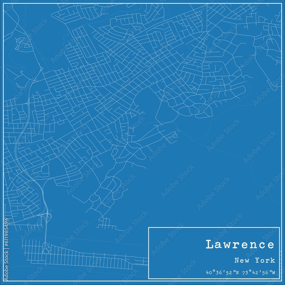 Blueprint US city map of Lawrence, New York.