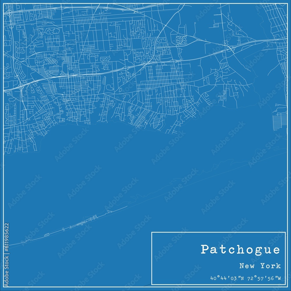Blueprint US city map of Patchogue, New York.