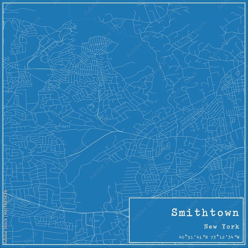 Blueprint US city map of Smithtown, New York.